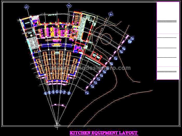 Dining Hall Layout with Commercial Kitchen Design - DWG